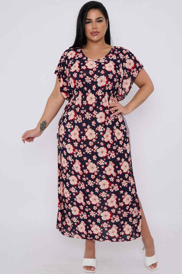 Hibiscus Flower Print Side Slit Kaftan Dress