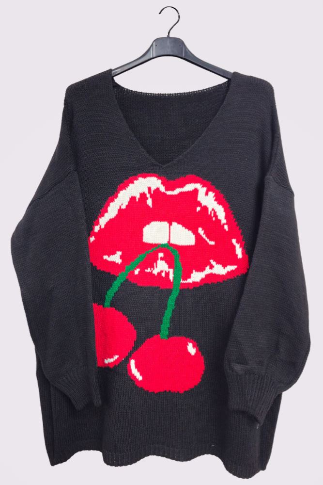 Cherry Lips Pattern Knitted Cuffed Sleeve Jumper