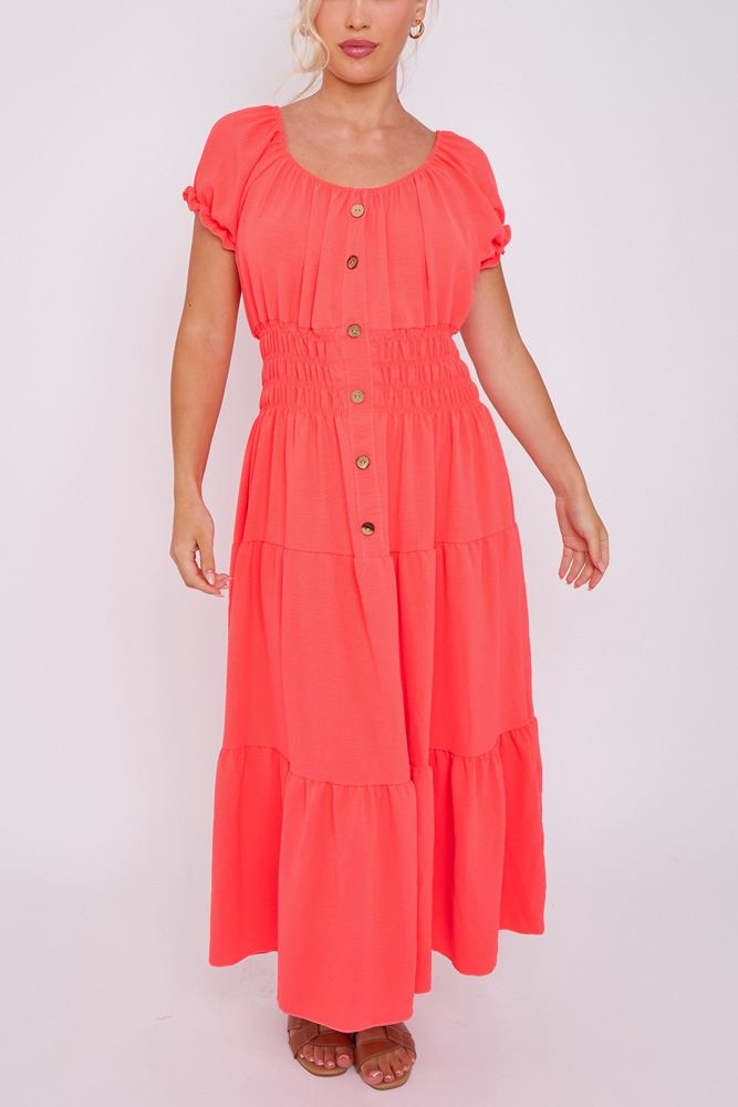 Plain Shirred Waist Tiered Dress