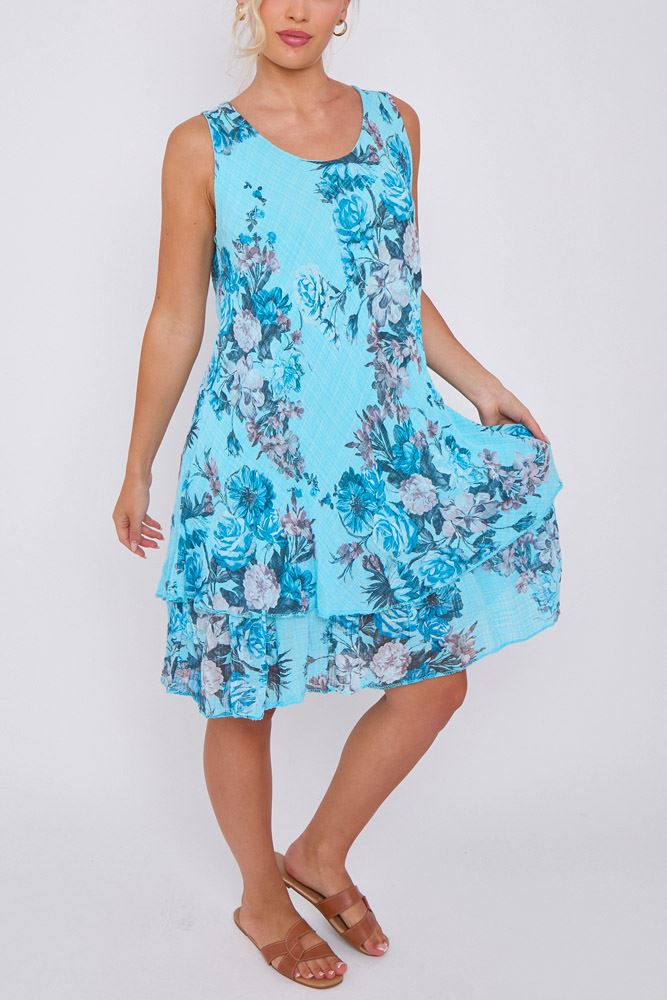 Rose Flower Print Layered Hem Cotton Dress