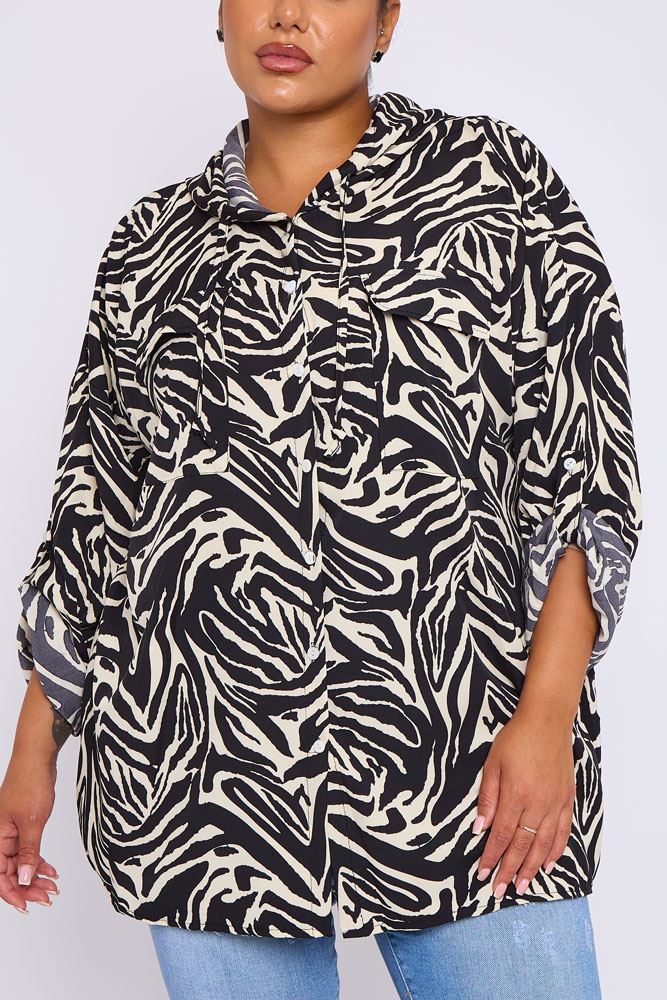 Zebra Print Pockets Drawstring Hoodie Shirt