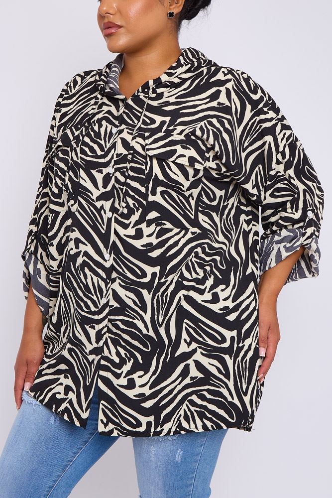 Zebra Print Pockets Drawstring Hoodie Shirt