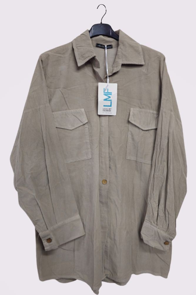 Corduroy High Low Hem Pockets Cotton Shirt