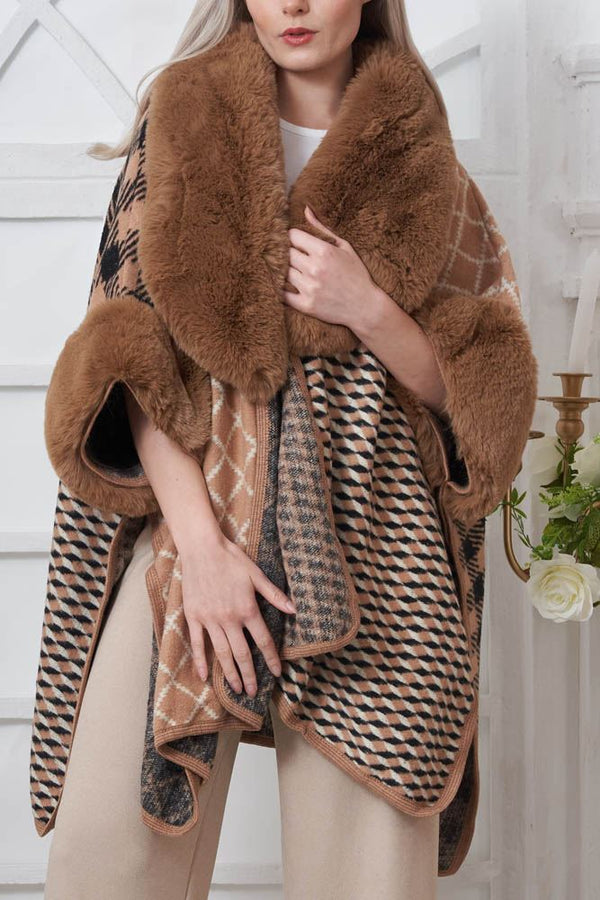 Check Pattern Faux Fur Wrap Over Poncho