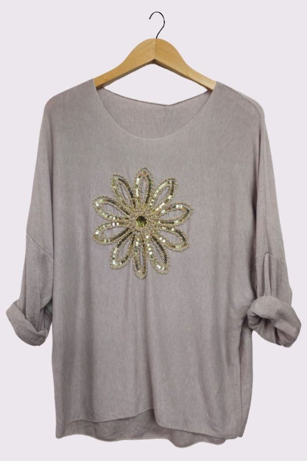 Sequin Flower Pattern Slight Dip Hem Top