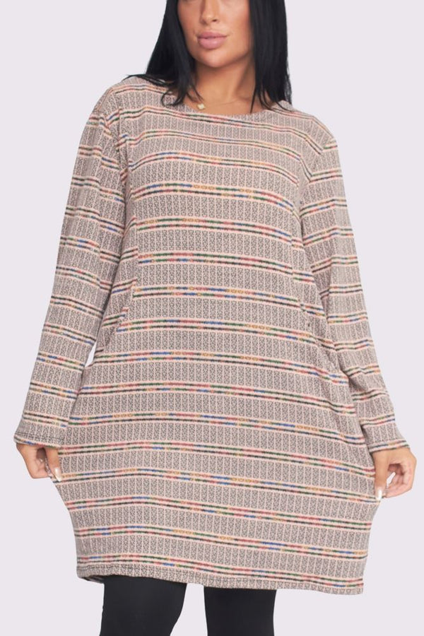 Multicoloured Stripes Front Pockets Long Sleeve Top