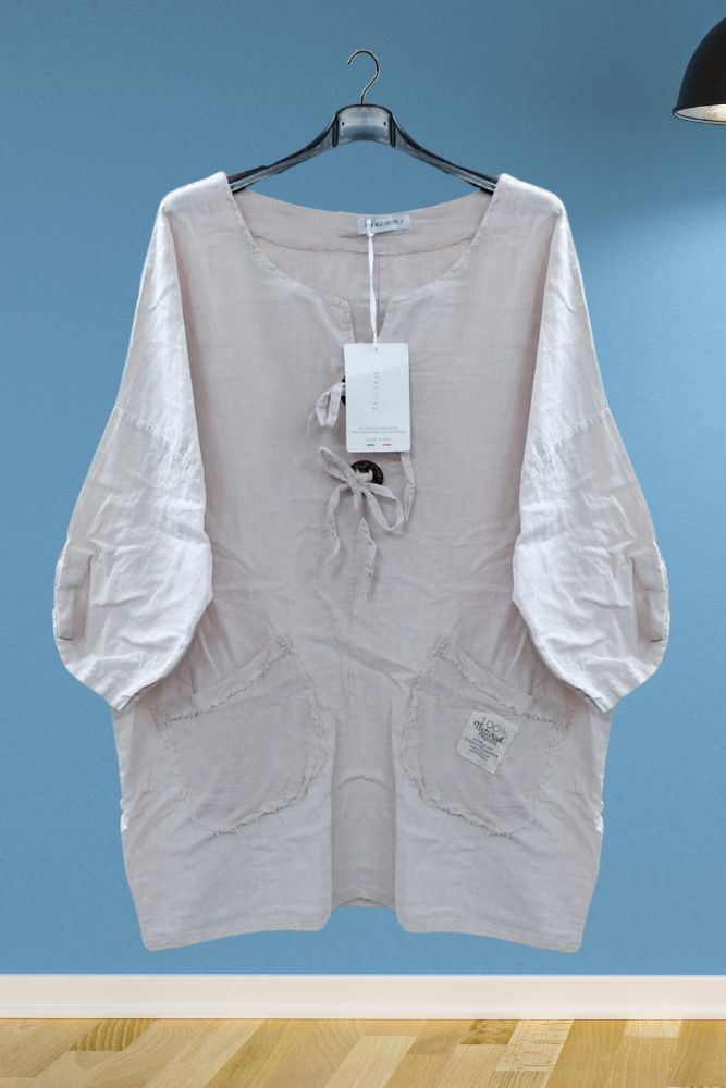 Plain Bow Drawstring Button Pockets Linen Top