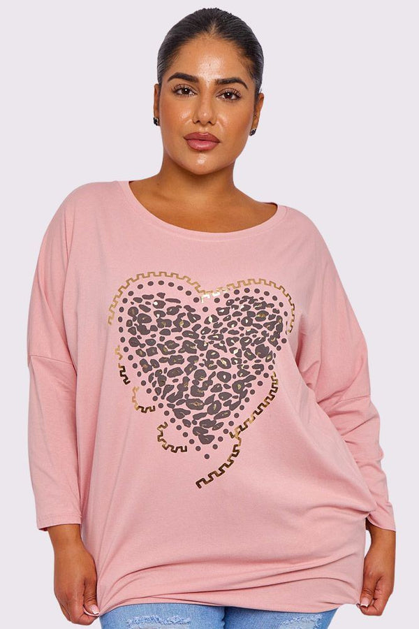 Leopard Heart Print Pockets Cotton Top