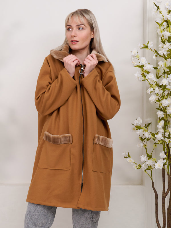 Plain Faux Fur Collar Pocket Trim Ring Zip Closure Coat