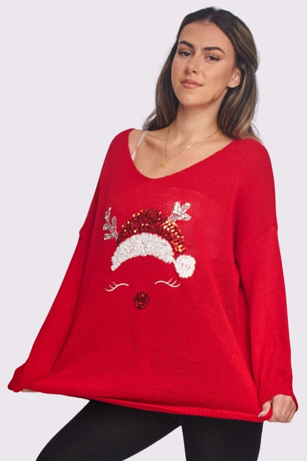 Sequin Santa Hat Pattern Knit Style Oversized Jumper