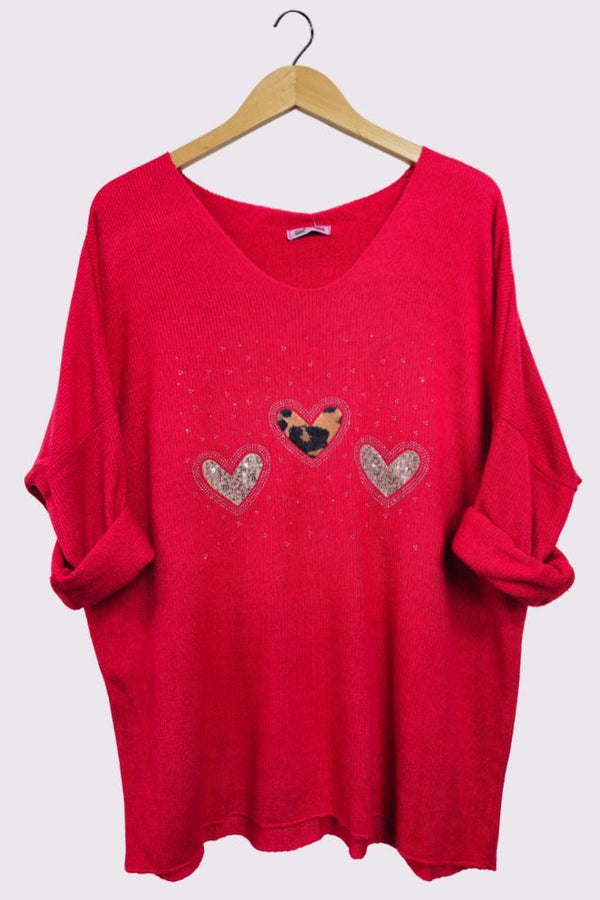 3 Heart Diamante Detail Soft Knit Ribbed Style Top