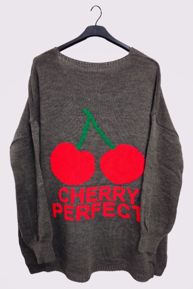 Cherry Perfect Slogan Cherry Pattern Knit Cuffed Sleeve Jumper