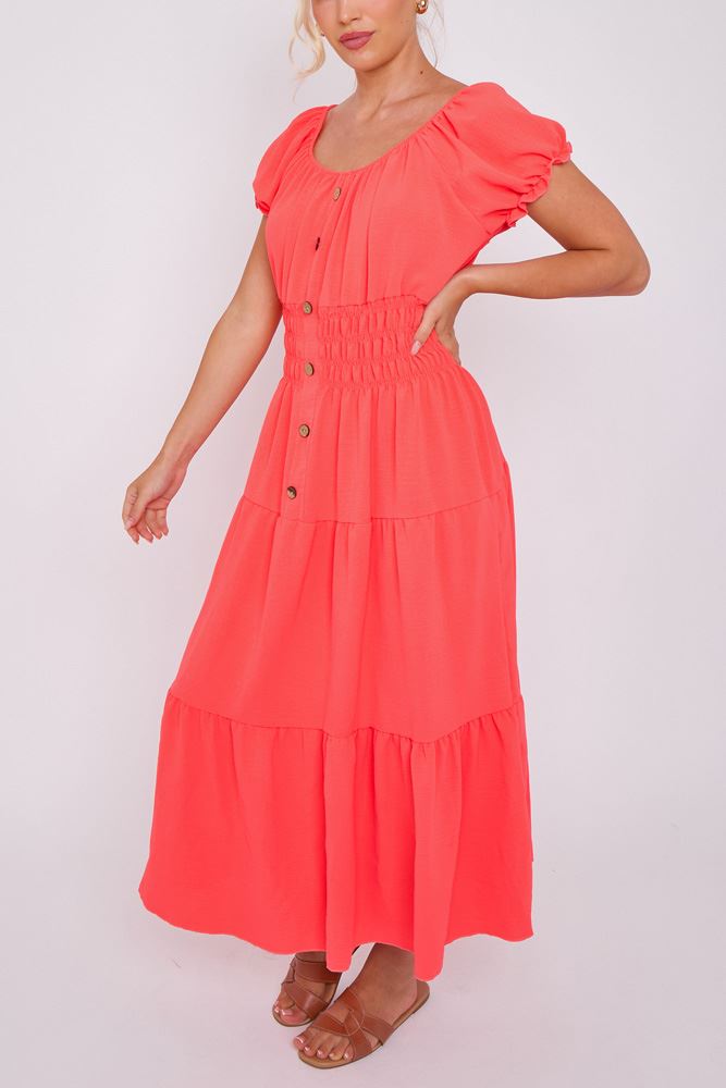 Plain Shirred Waist Tiered Dress