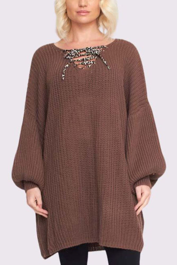 Knitted Leopard String Front Tie Oversized Tie Neck Jumper