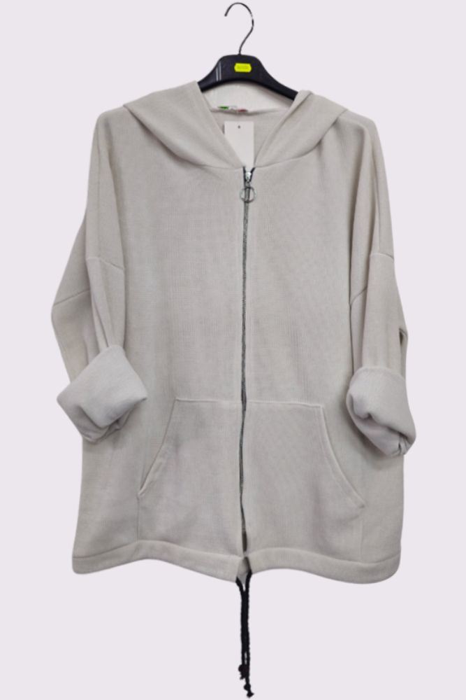 Plain Knit Drawstring Hem Hooded Jacket