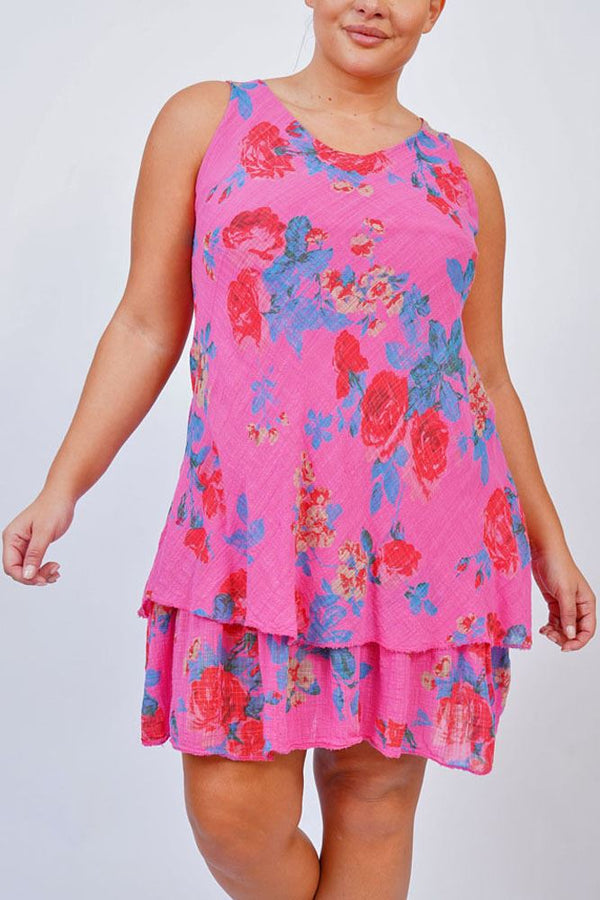 Rose Flower Print Layered Hem Cotton Dress