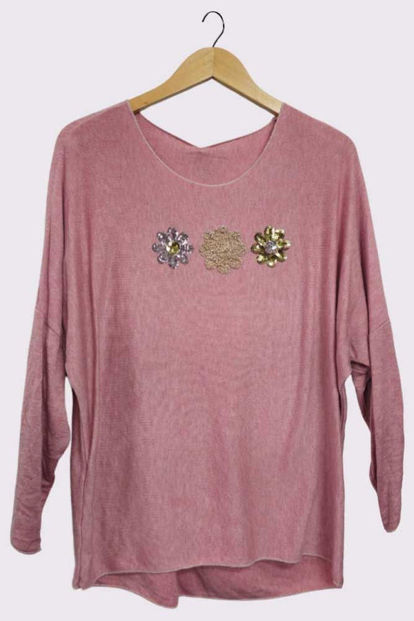 3 Flower Sequin Embroidered Detailing Slight Diphem Top