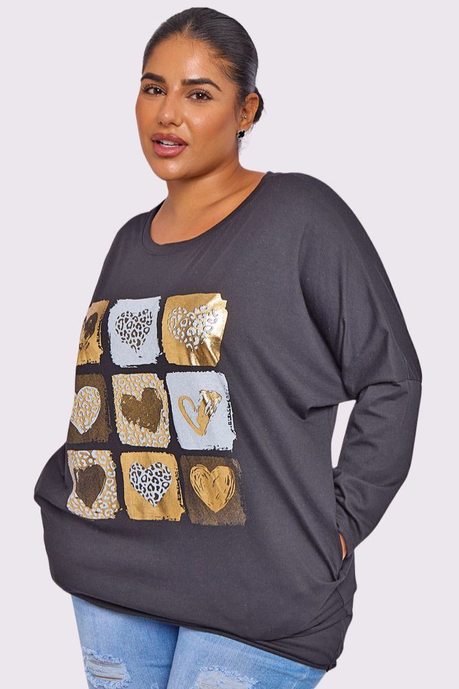 Foil Leopard Heart Print Pockets Cotton Top