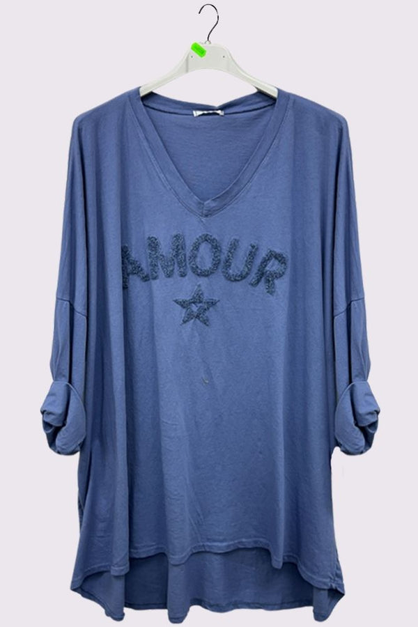 Star Applique Pattern High Low Hem Cotton Top