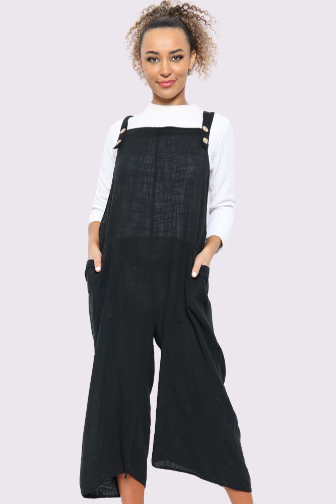 Strap Button Detail Plain Linen Jumpsuit Dungaree