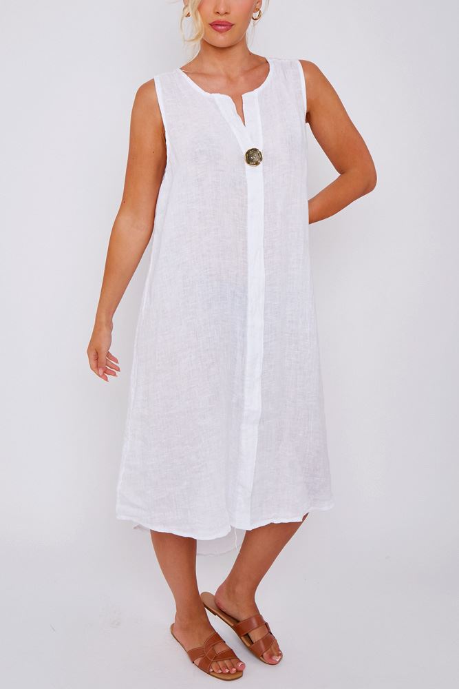 Plain Side Slit Linen Dress