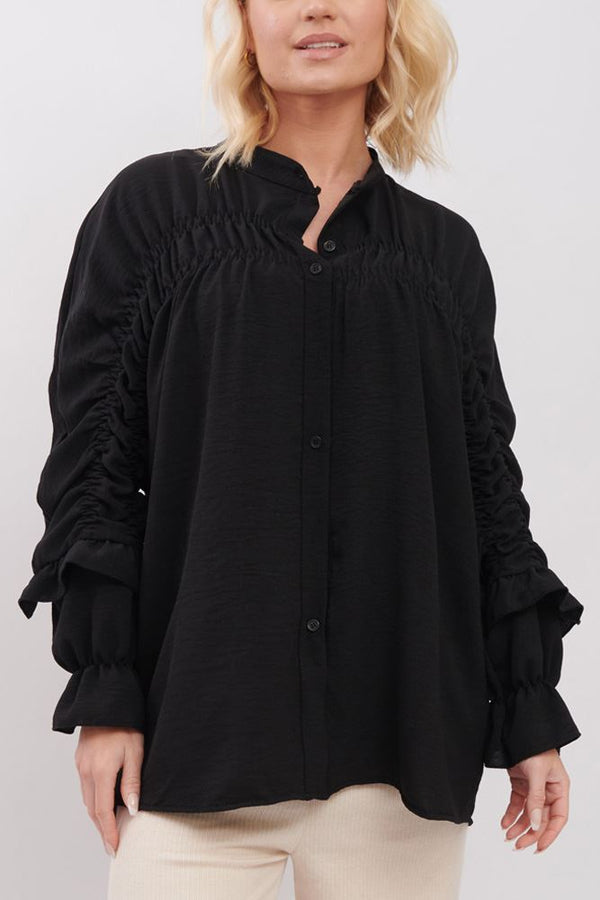 Plain Elasticated Balloon Sleeve Ruffle Shirt