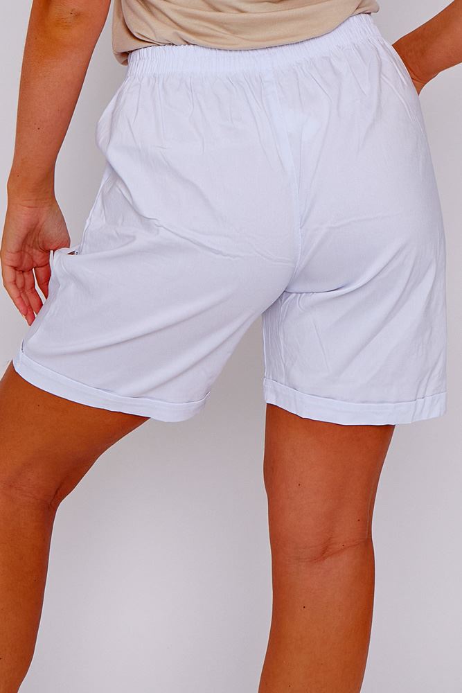 Plain Front Button Detail Zip Pockets Cotton Shorts