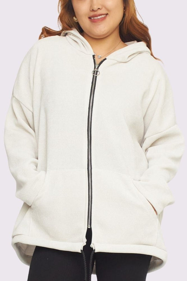 Plain Knit Drawstring Hem Hooded Jacket