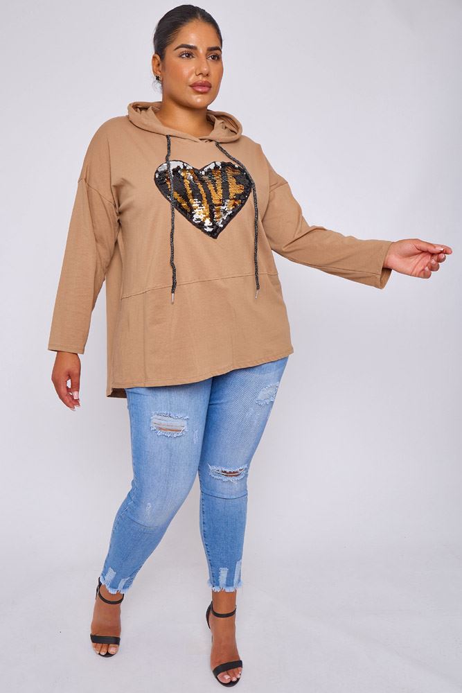 Sequin Love Heart Motif High Low Hem Cotton Hoody