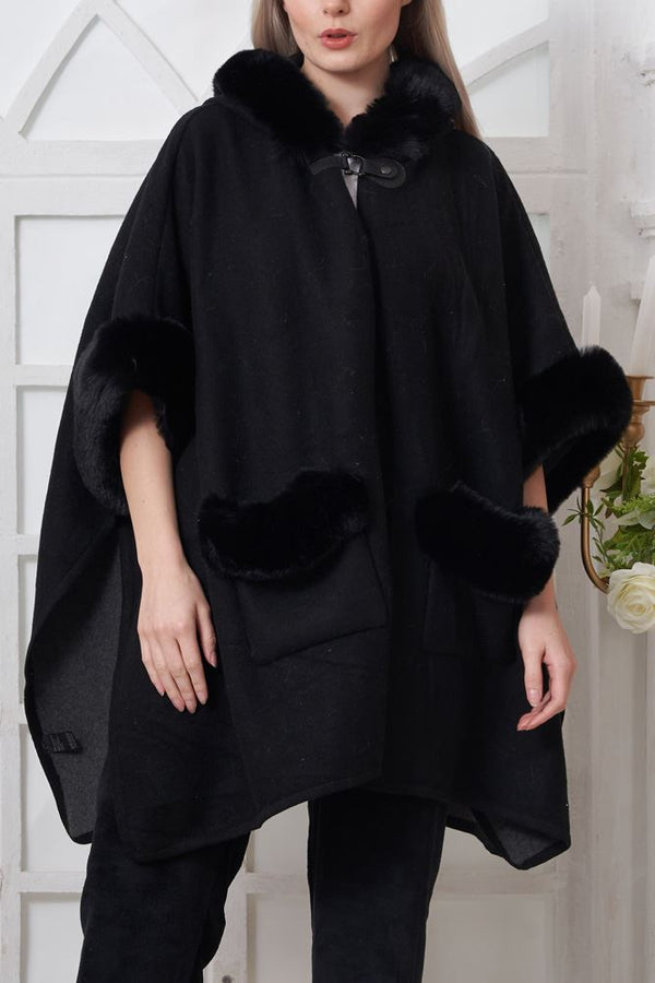 Plain Faux Fur Trim Pocket Poncho