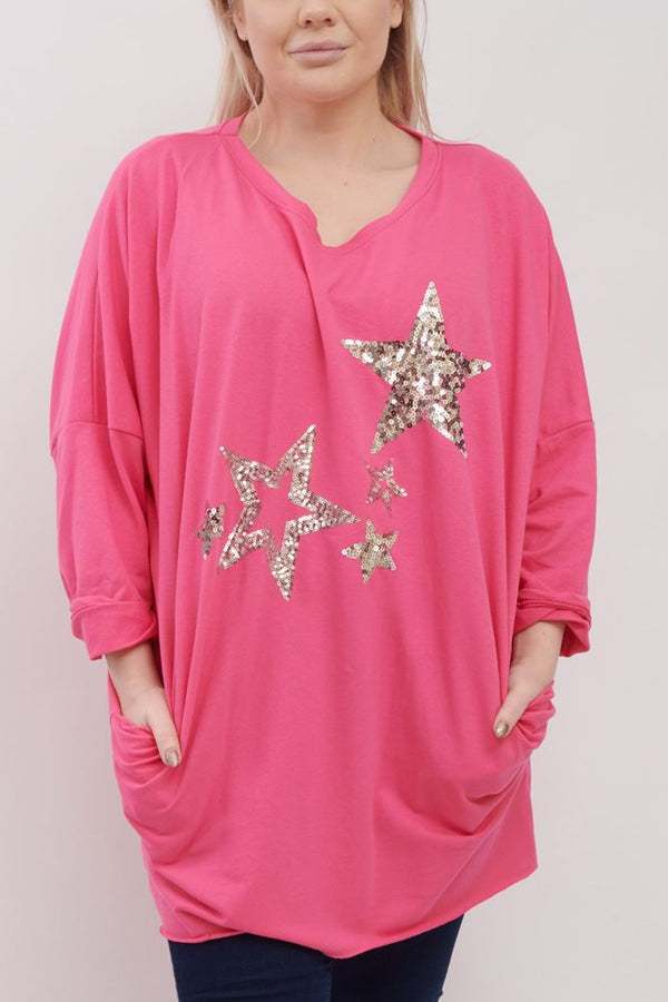 Sequin Star Pattern Pockets Cotton Top