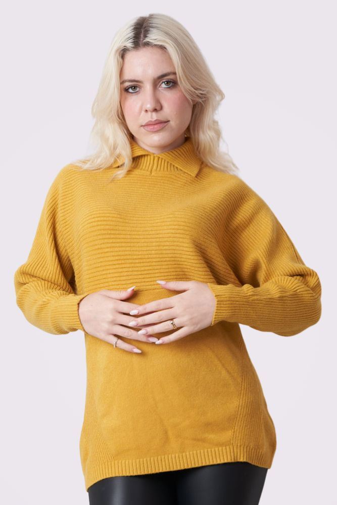 Plain Ribbed Collar Long Sleeve Jumper