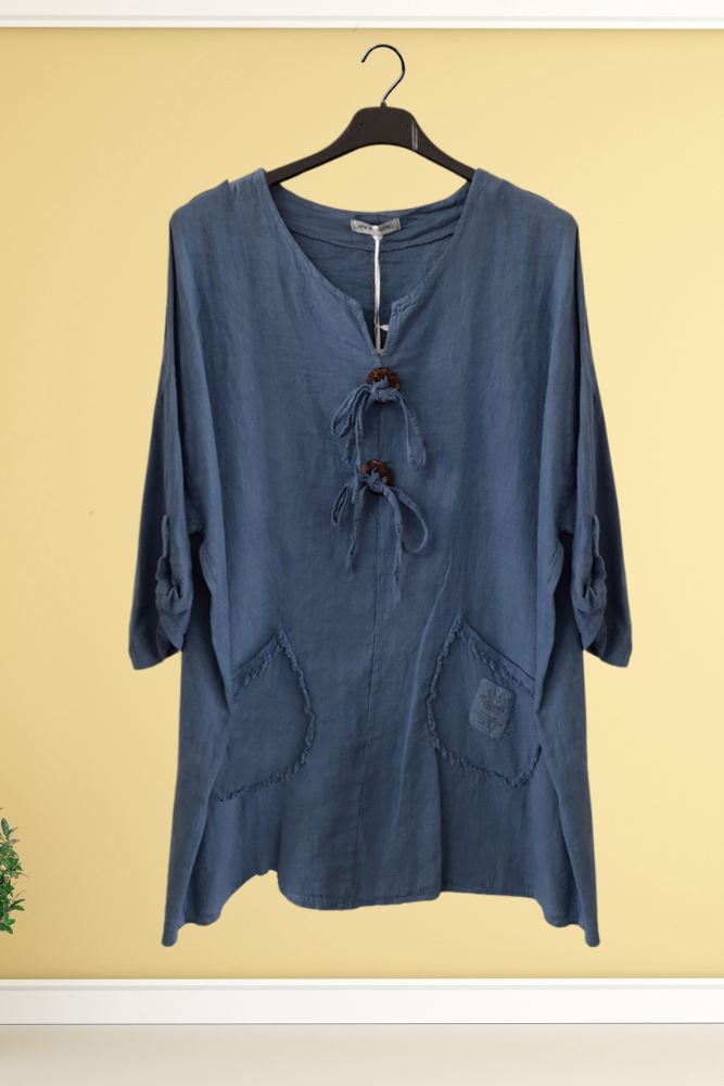 Plain Bow Drawstring Button Pockets Linen Top