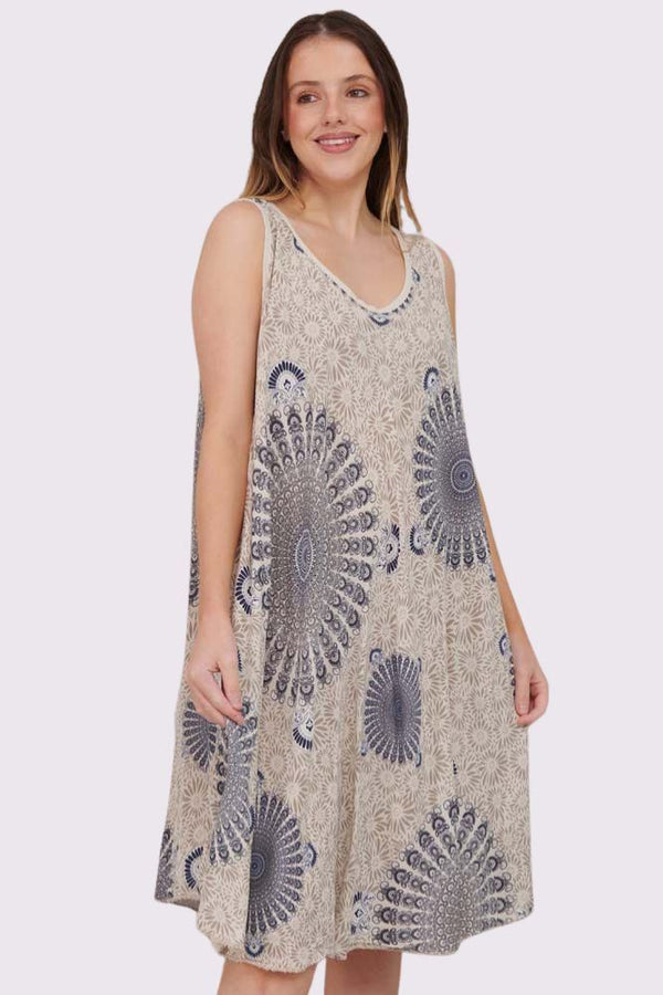 Floral Mandala Print Flared Viscose Dress