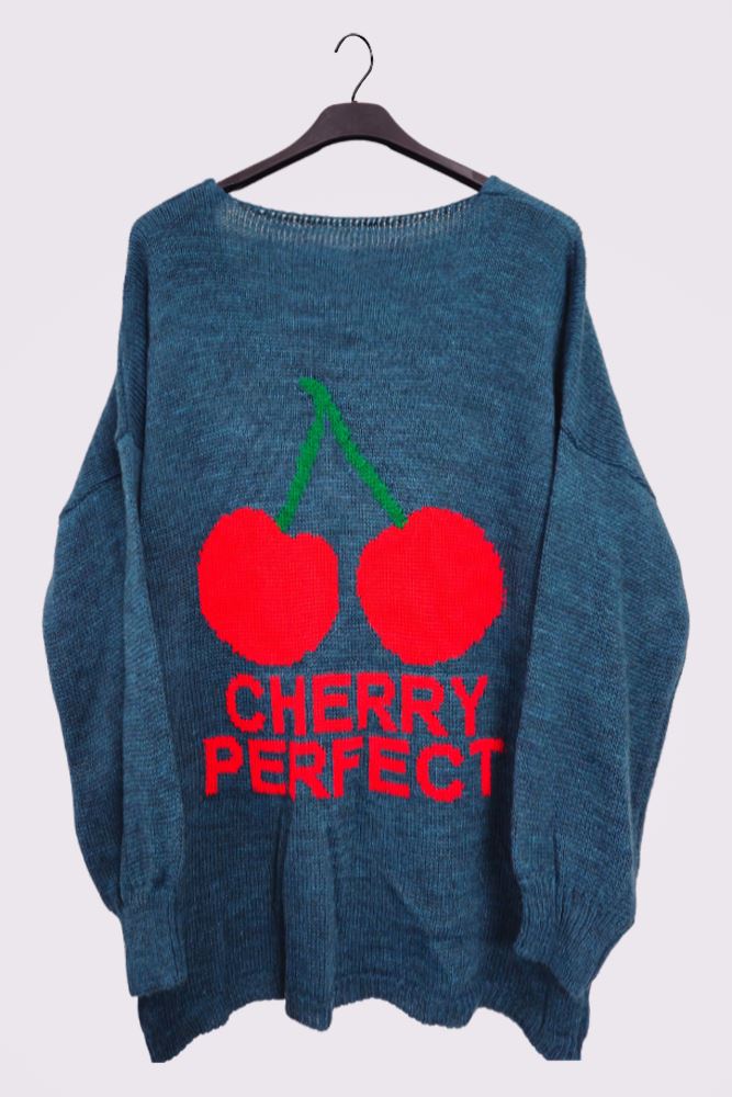 Cherry Perfect Slogan Cherry Pattern Knit Cuffed Sleeve Jumper