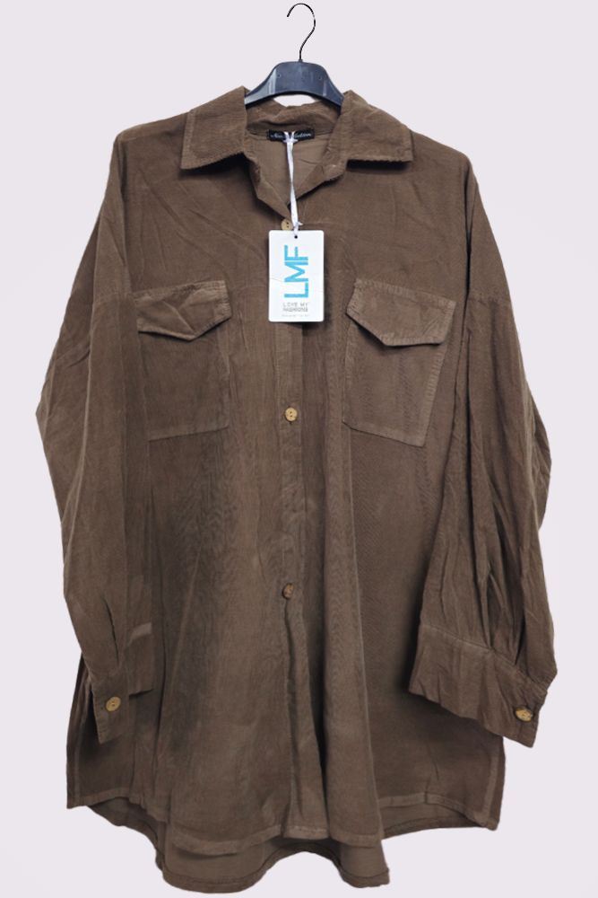 Corduroy High Low Hem Pockets Cotton Shirt