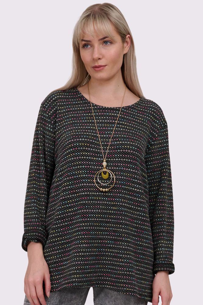 Multi Stripe Pattern Knitted Round Neck Necklace Jumper