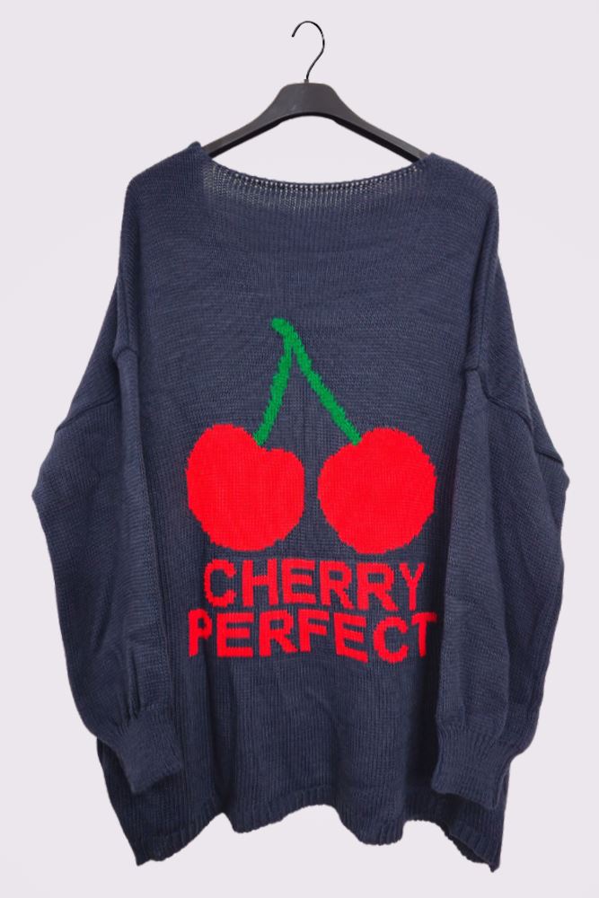 Cherry Perfect Slogan Cherry Pattern Knit Cuffed Sleeve Jumper