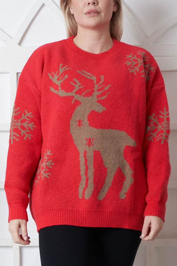 Snowflake Reindeer Pattern Xmas Ribbed Jumper