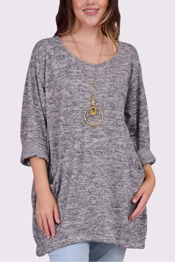 Marl Pattern Soft Feel Pocket Oversized Necklace Top