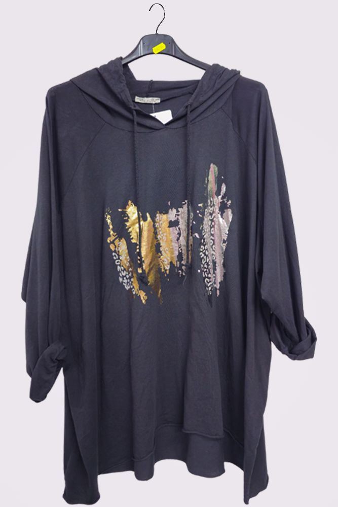 Foil Brush Stroke Pattern High Low Hem Cotton Hoody