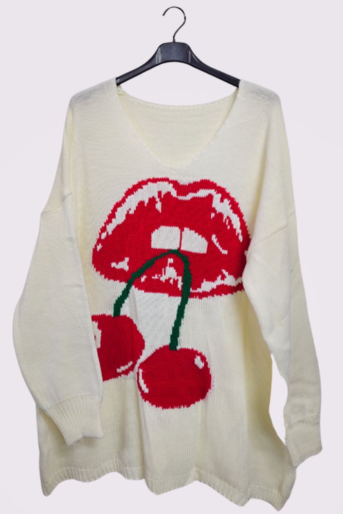 Cherry Lips Pattern Knitted Cuffed Sleeve Jumper