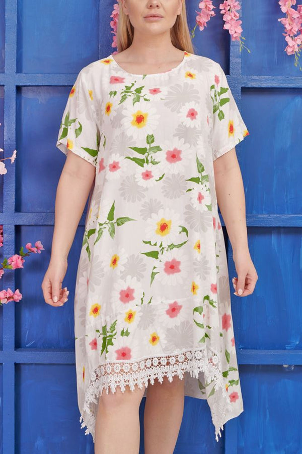 Flower Print Lace Hem Viscose Dress