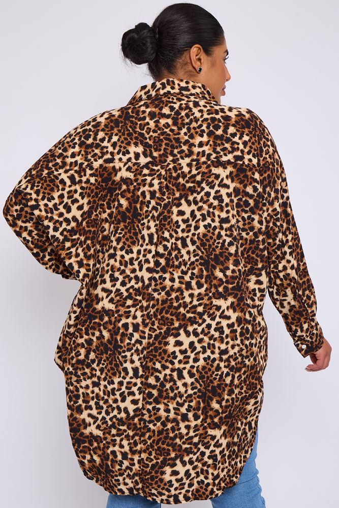 Leopard Print Collar High Low Hem Shirt