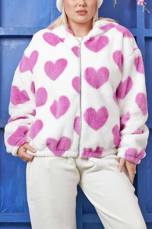 Heart Print Zip Up Soft Feel Faux Fur Hoody