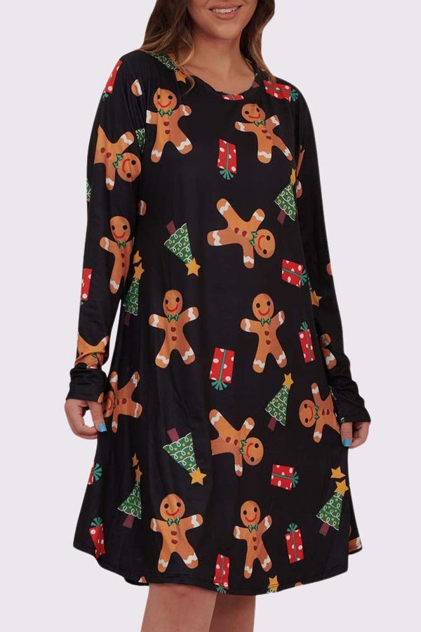 Cassie Gingerbread Gift Tree Print Xmas Swing Dress