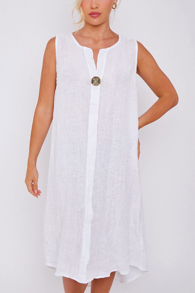 Plain Side Slit Linen Dress