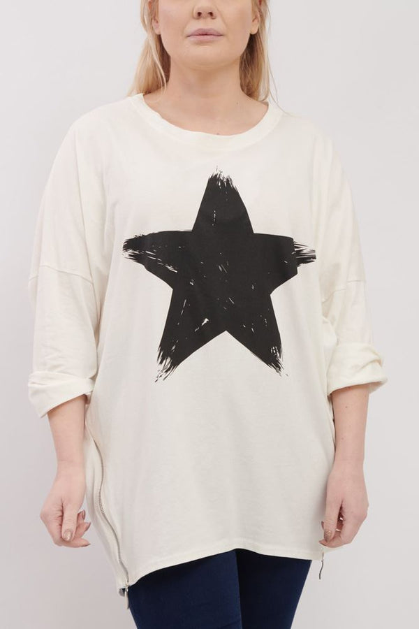 Brush Stroke Star Print Side Zip Detail Cotton Top