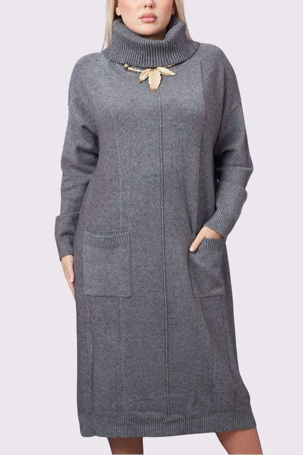 Soft Knit Front Pocket Ribbed Cuffed Hem Long Dress