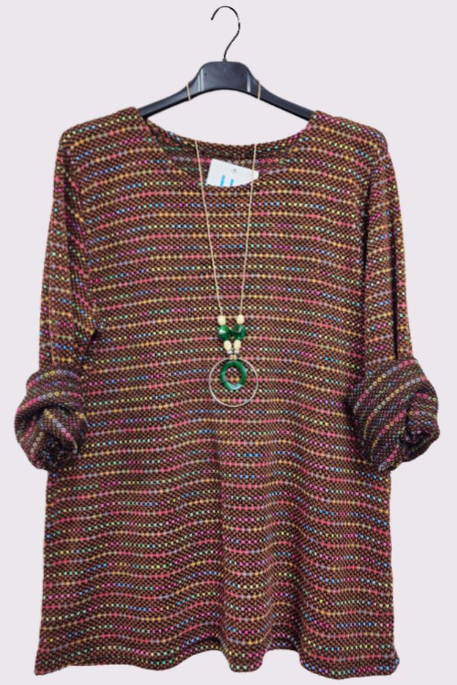 Multi Stripe Pattern Knitted Round Neck Necklace Jumper